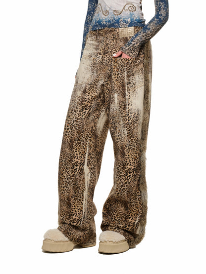 Patchwork Rabbit Fur Leopard Wide-Leg Pants