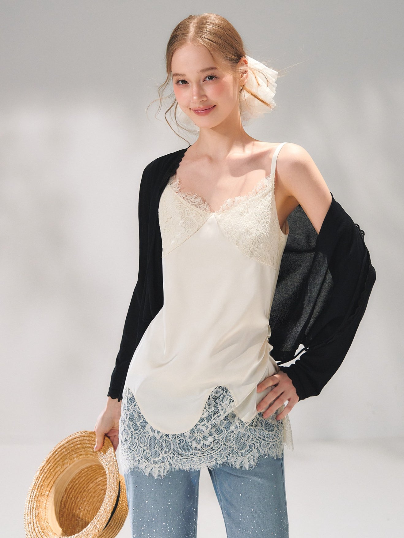 Asymmetric Lace-Trim Satin Camisole