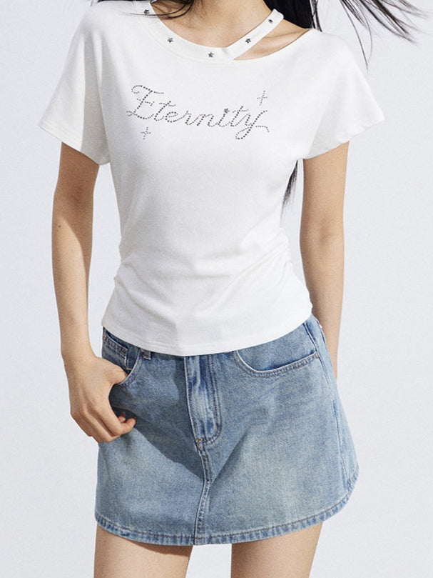 Rhinestone Off-Shoulder Slim-Fit T-Shirt