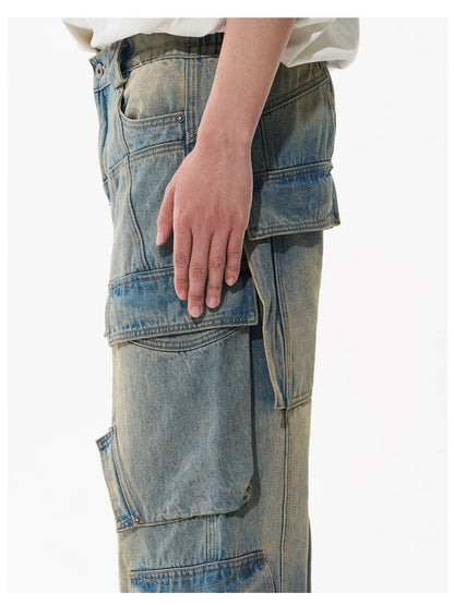 Washed Pocket-Panel Straight-Leg Denim Cargo Pants