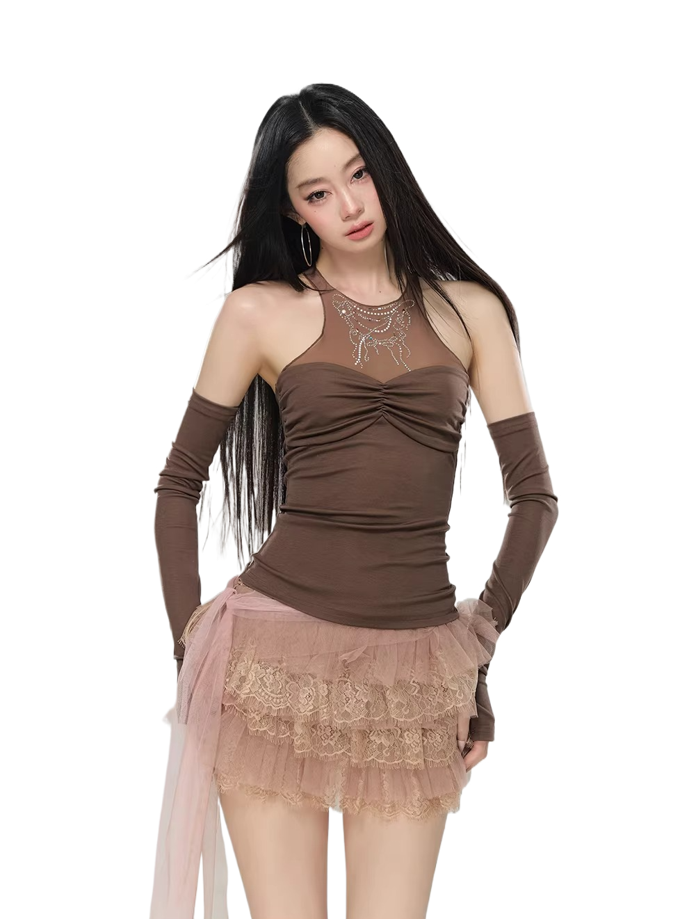 Detachable Mesh Panel Halter T-Shirt