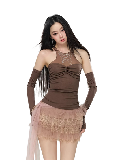 Detachable Mesh Panel Halter T-Shirt