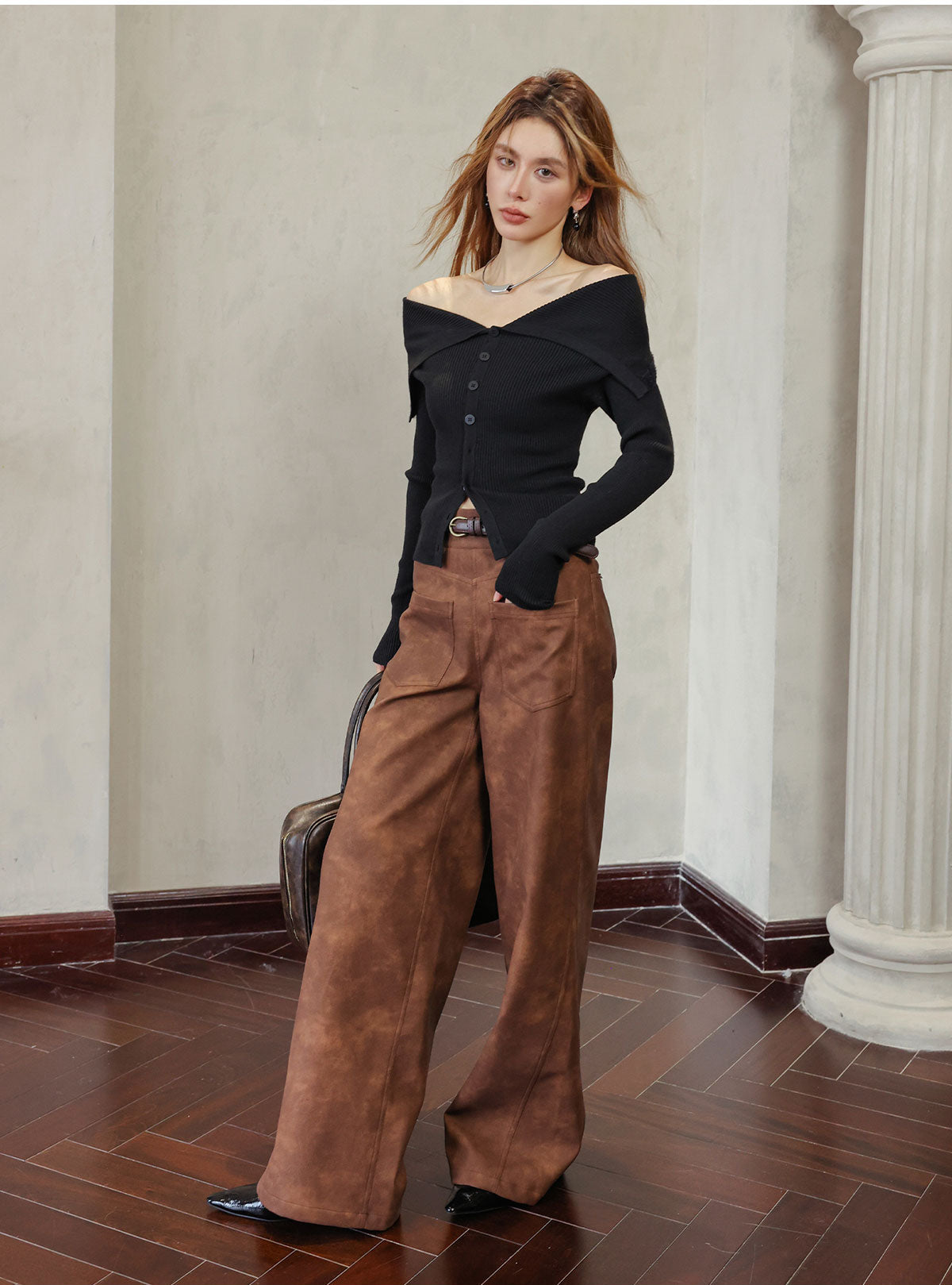 Brown Faux Leather Straight-Leg Pants - CHINASQUAD