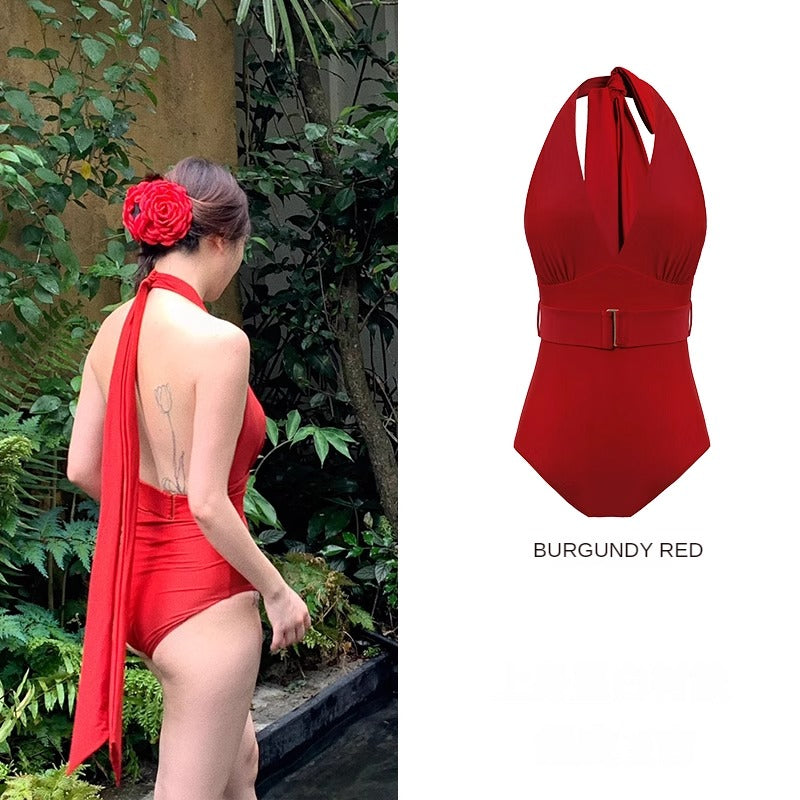 French V-neck Backless Sash One-piece Swimsuit