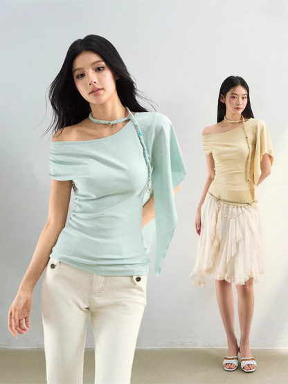 Asymmetrical Off-Shoulder Draped Blouse