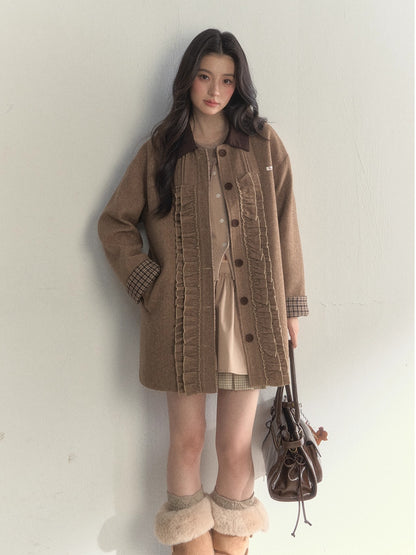 Vintage Khaki Wool Blend Ruffle-Trim Coat