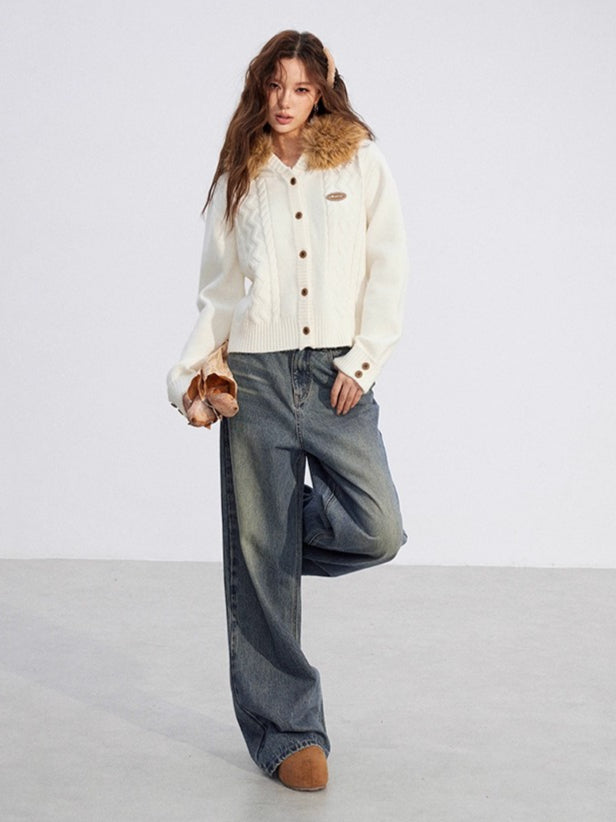 Detachable-Fur Cable-Knit Hoodie