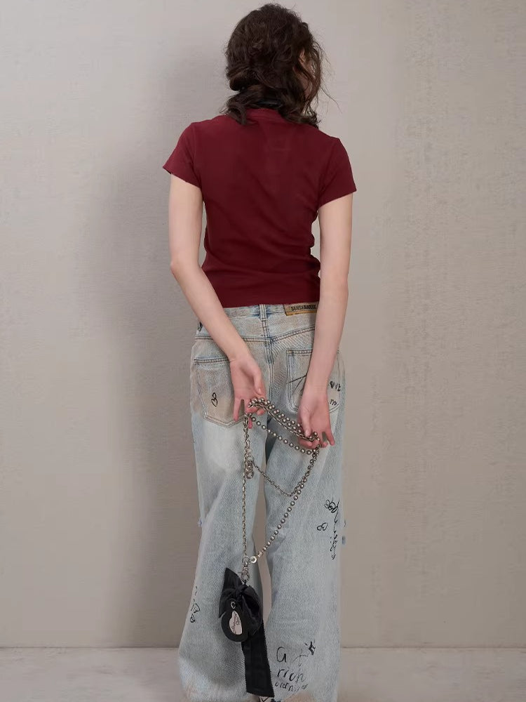Graffiti Spray-Wash Wide-Leg Denim Jeans