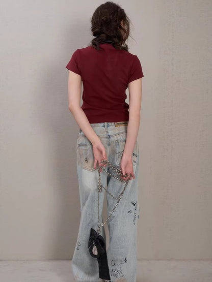 Graffiti Spray-Wash Wide-Leg Denim Jeans