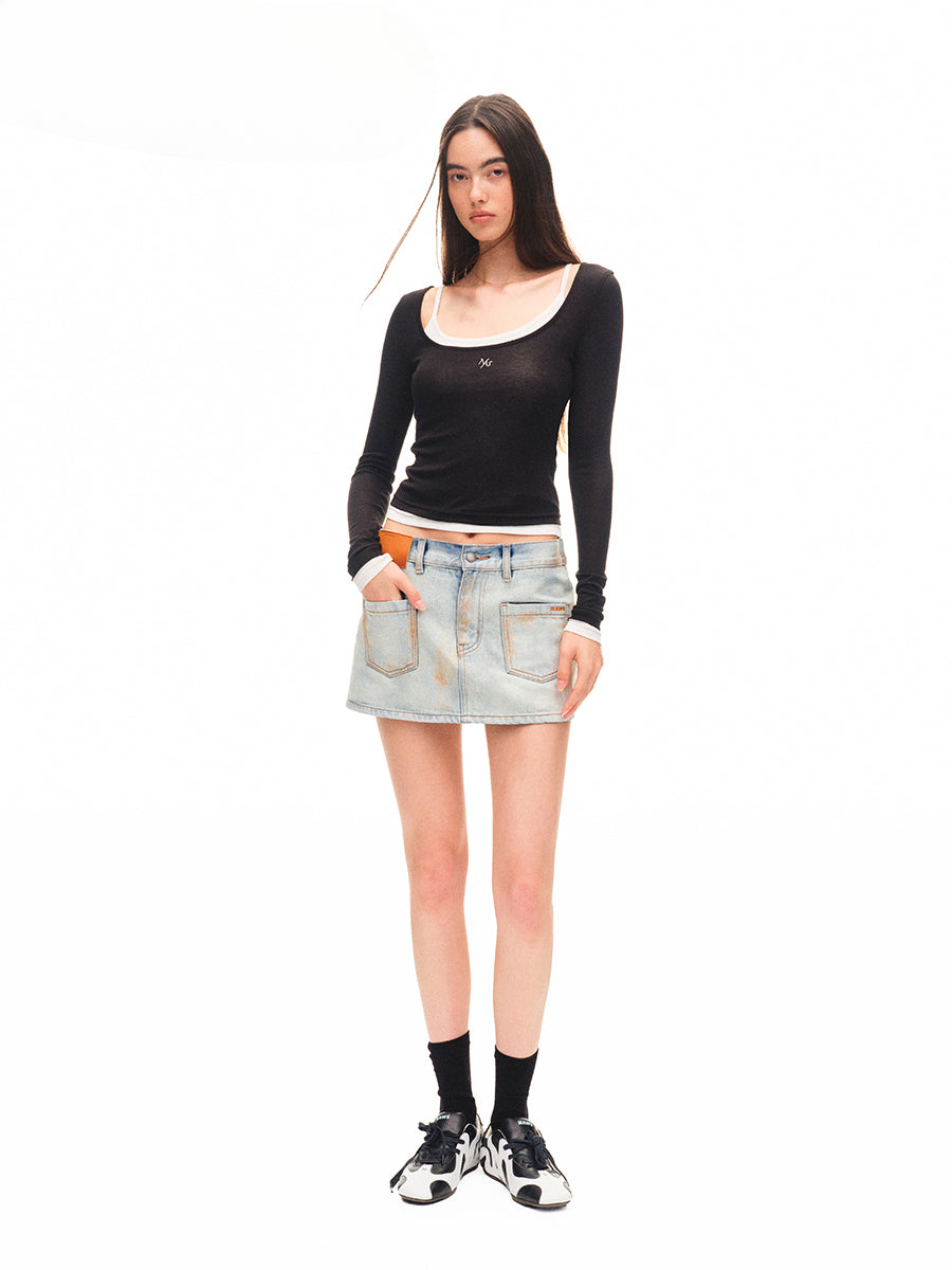 Washed Folded Low-waist Pencil Skirt - CHINASQUAD