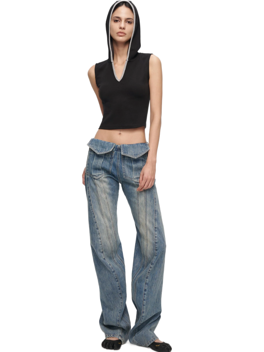 Washed Deconstructed Wide-Leg Jeans