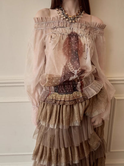 Sheer Chiffon Graphic Long-Sleeve Top