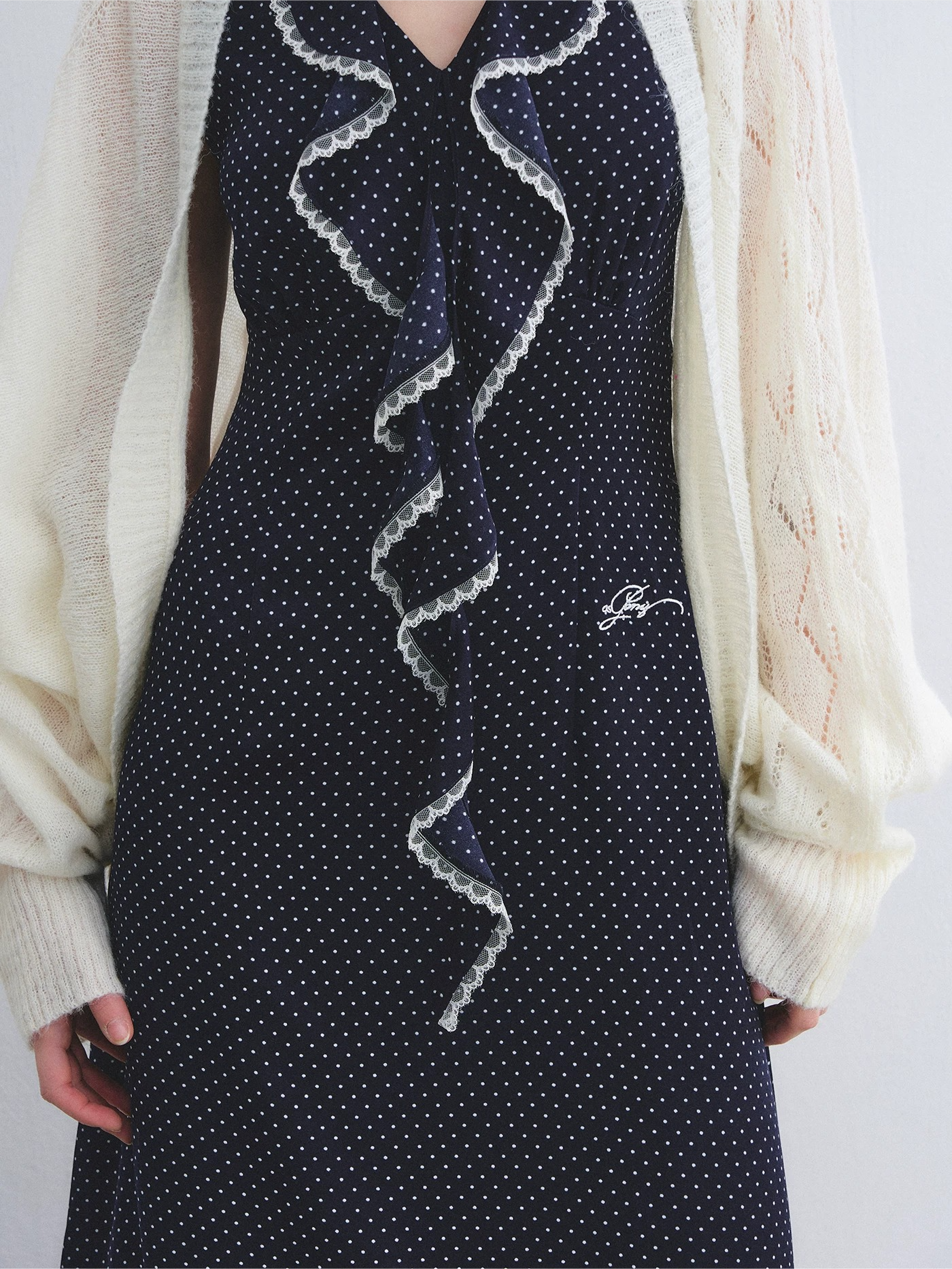 Navy Polka Dot Lace Ruffle V-Neck Sleeveless Midi Dress