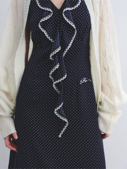 Navy Polka Dot Lace Ruffle V-Neck Sleeveless Midi Dress