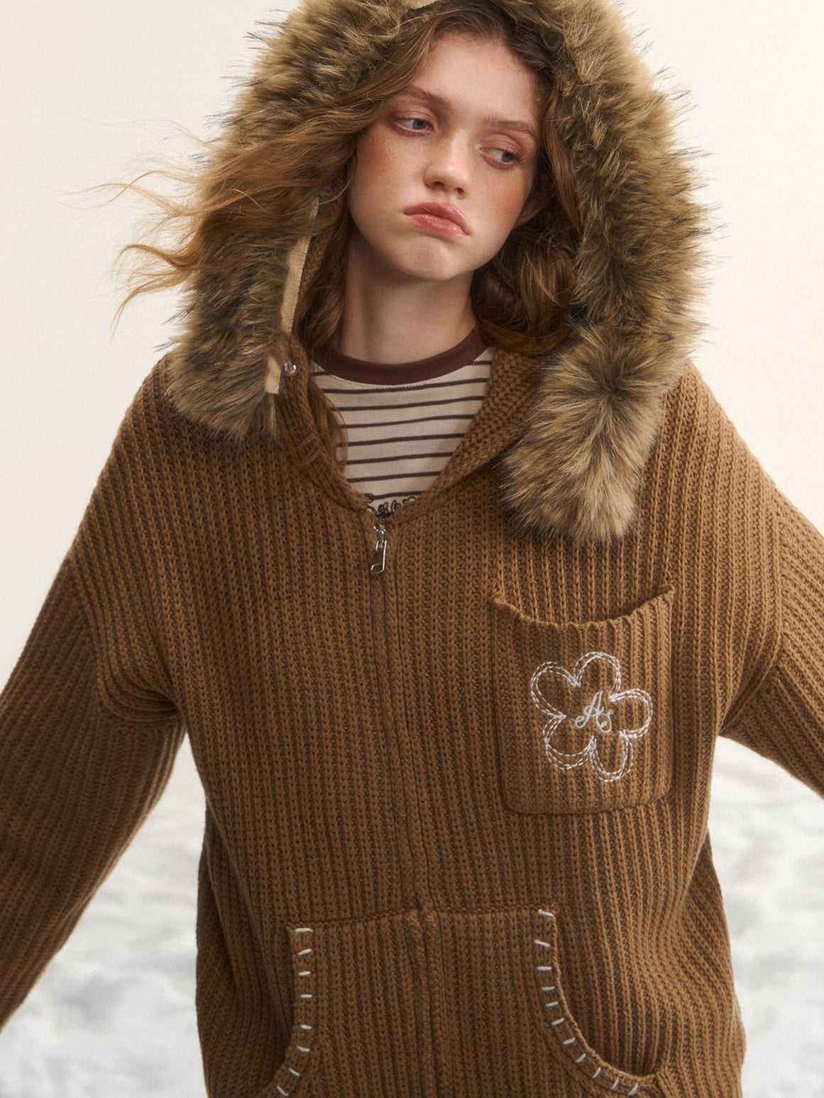 Embroidered Knit Zip-Up Hoodie Cardigan