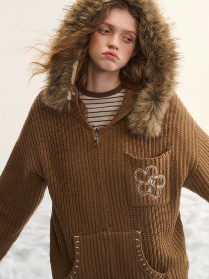 Embroidered Knit Zip-Up Hoodie Cardigan