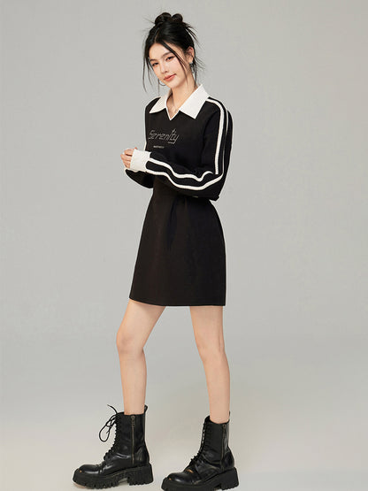 Color-Blocked Waist Cinching Polo V-neck Sweatshirt Dress