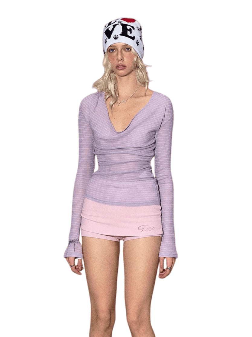 Striped Draped-Neck Knit T-shirt