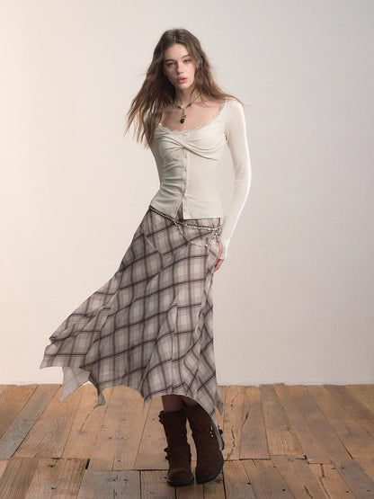 Irregular Hem Plaid Midi Skirt