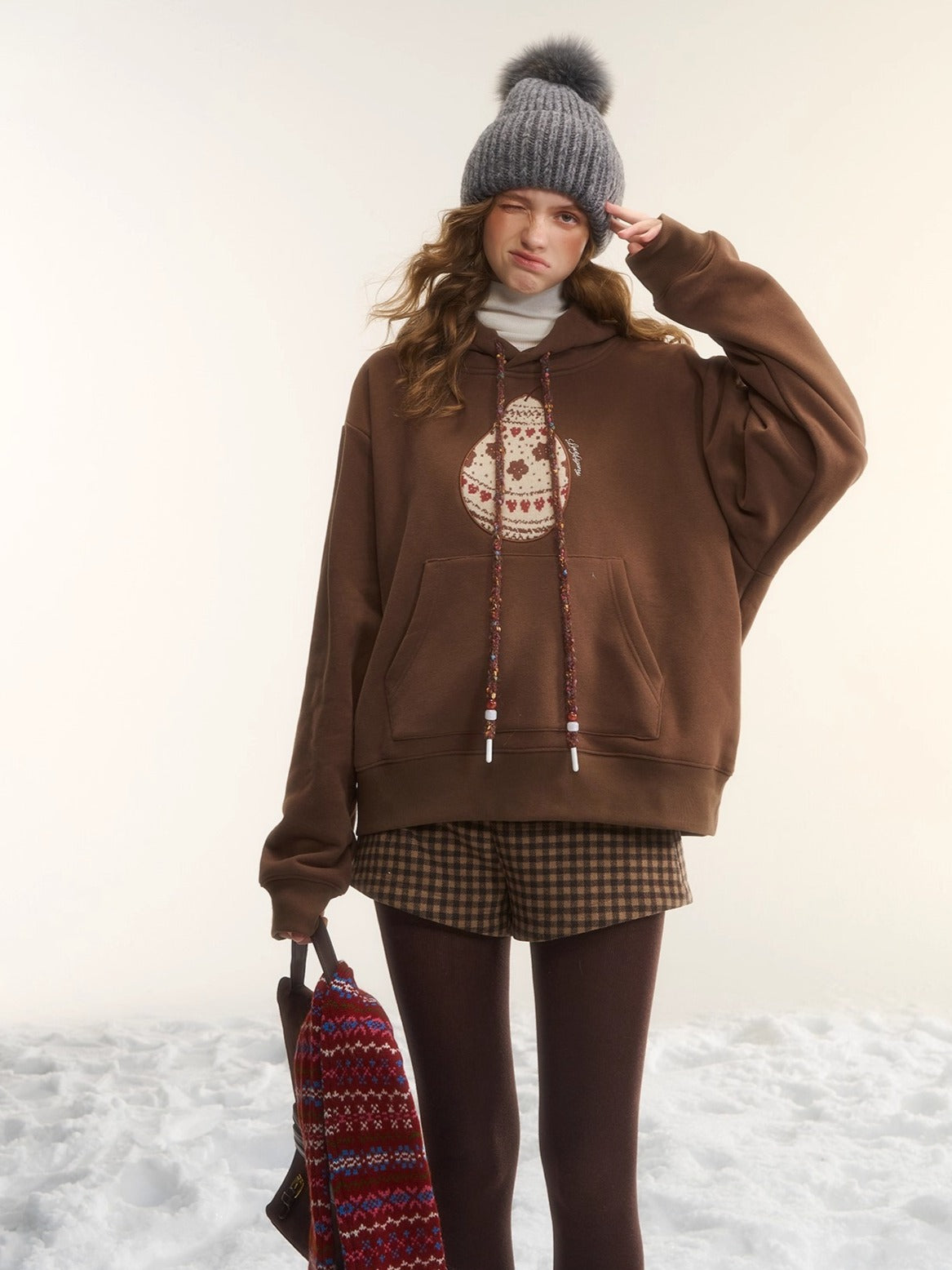 Brushed Fair Isle Knit Hooded Sweatshirt
