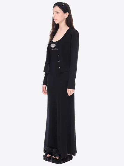 Waist-Tie Cardigan Two-Piece Long Dress Set