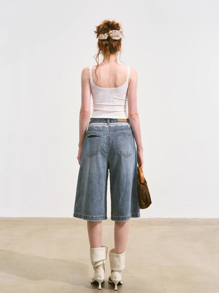 Imitation-Lace Printed High-Waist Denim Mid-Length Pants