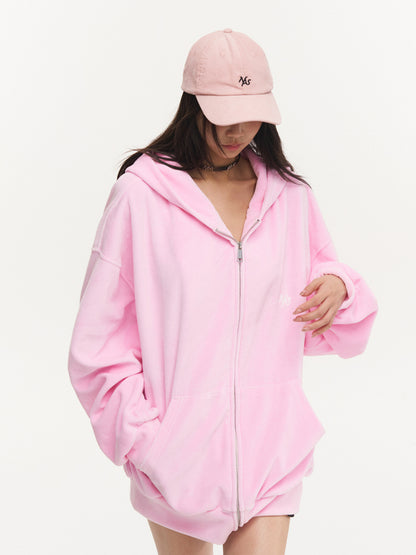 Pink Velvet Drawstring Oversized Hoodie