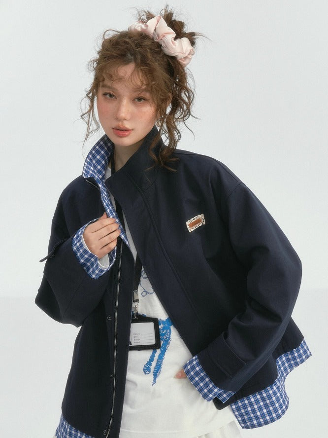 Plaid Splicing Stand Collar Windbreaker Jacket