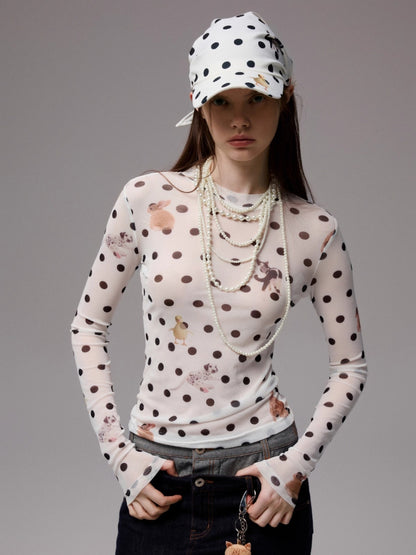 Polka Dot Pet Print Mock Neck T-Shirt