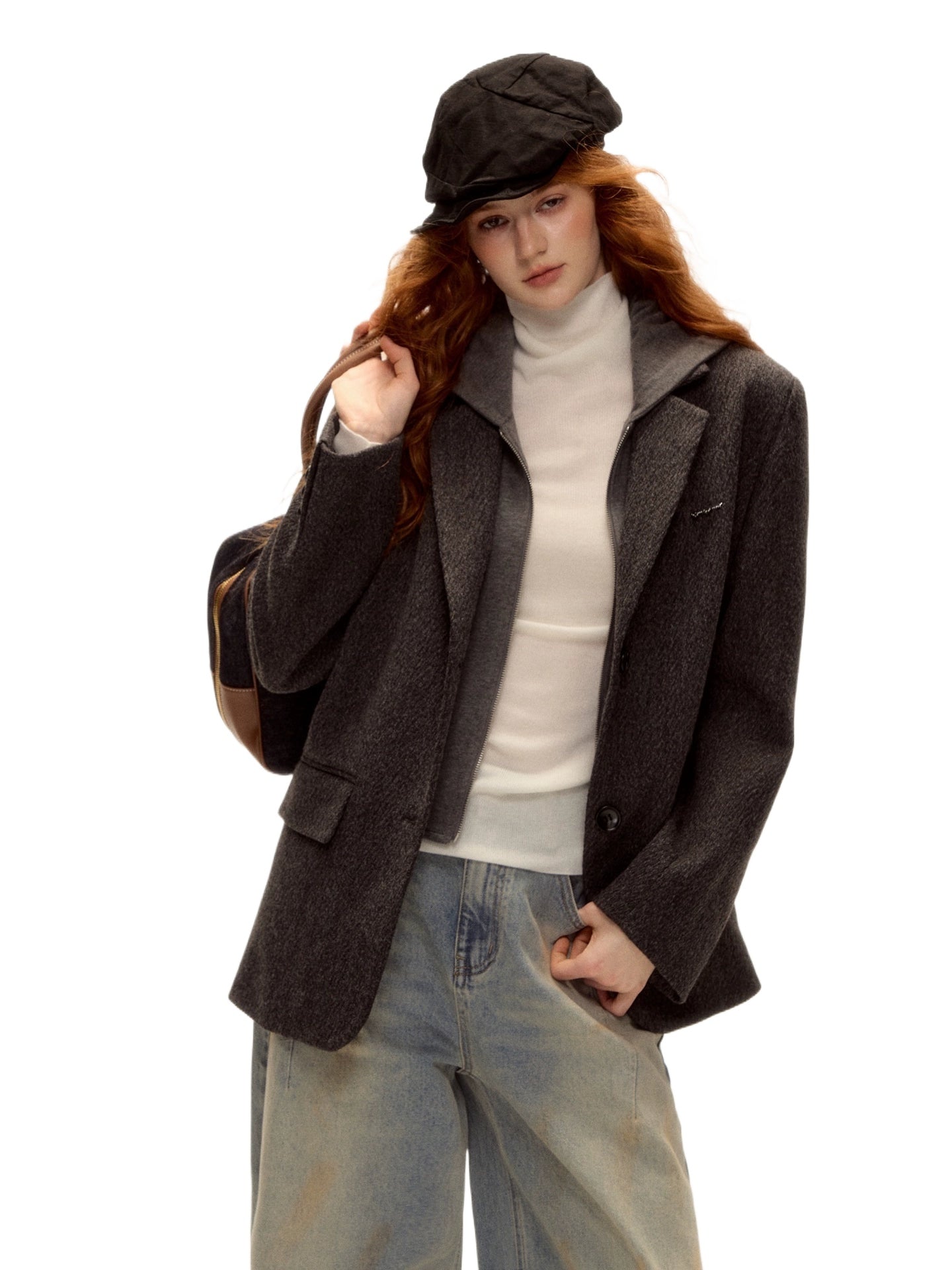 Grey Layered Wool-Blend Hoodie Blazer