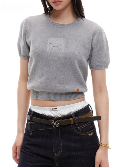 Embossed Logo Cropped Knit Tee