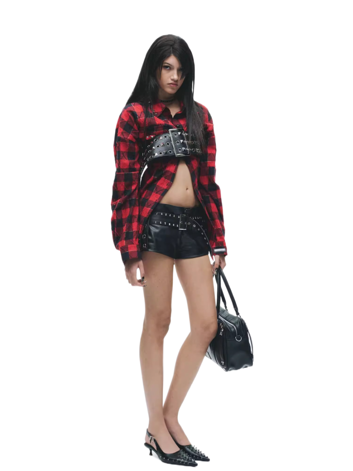 Vintage Washed Studded Plaid Oversized Shirt