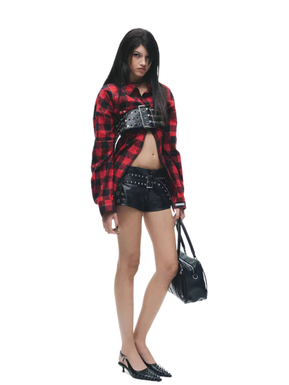 Vintage Washed Studded Plaid Oversized Shirt