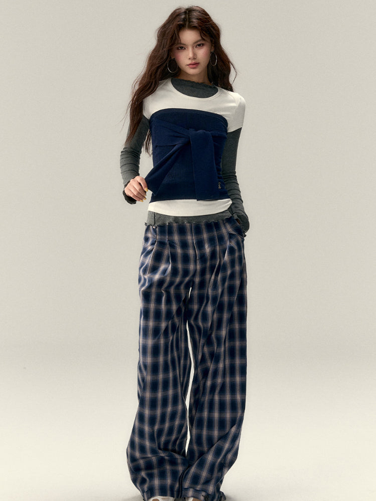 Wrinkle Straight-Leg Plaid Casual Pants