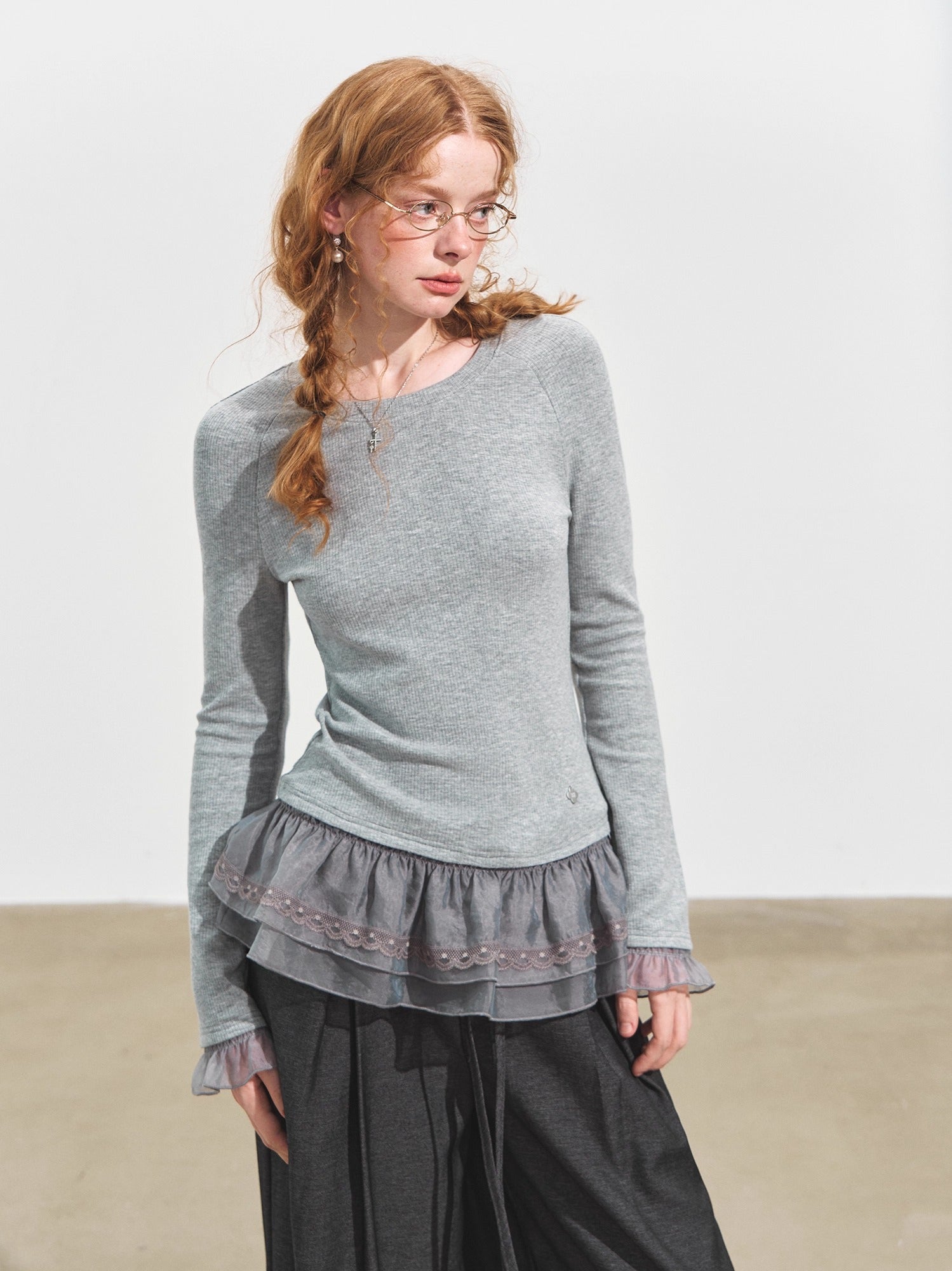 Double-Layer Ruffle Raglan Sleeve Fleece T-Shirt