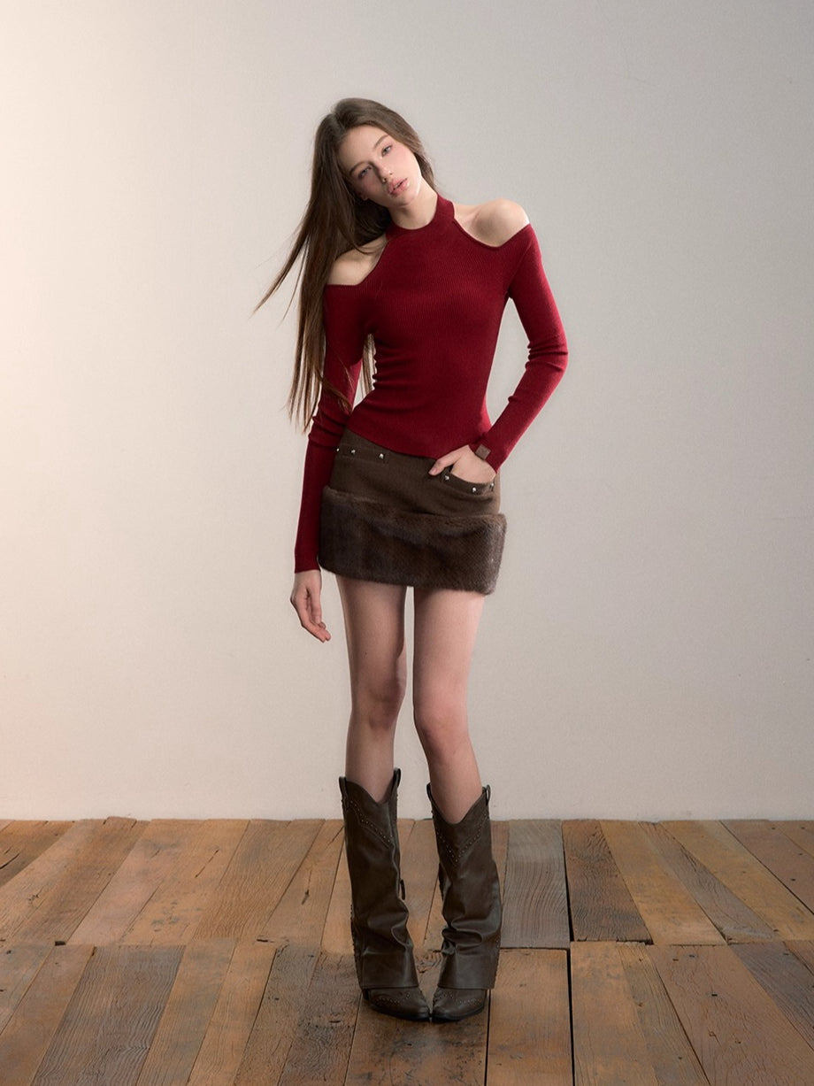 Faux Fur-Trimmed Wool Blend Mini Skirt