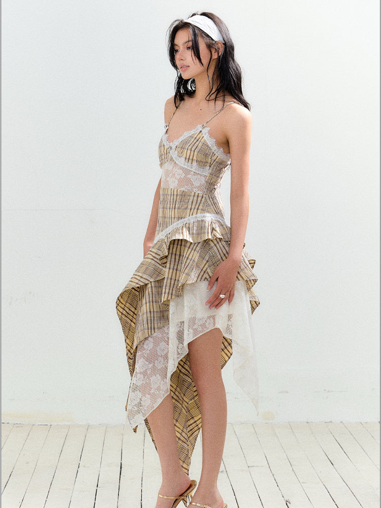 Yellow Checkered Color-blocking Lace Trimmed Sling Dress