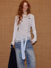 Lace-Paneled Round-Neck Long-Sleeve T-Shirt - CHINASQUAD