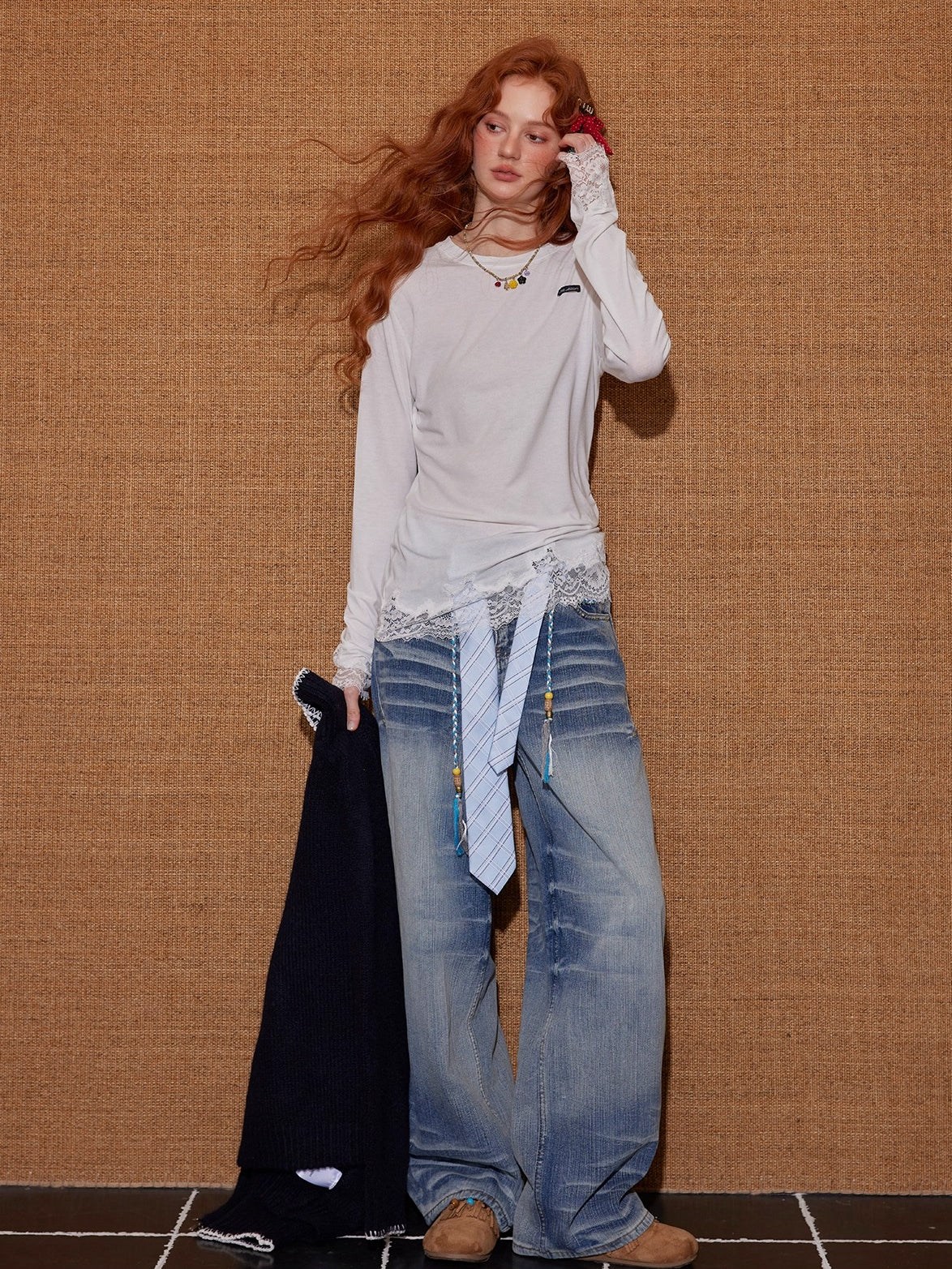 Lace-Paneled Round-Neck Long-Sleeve T-Shirt - CHINASQUAD