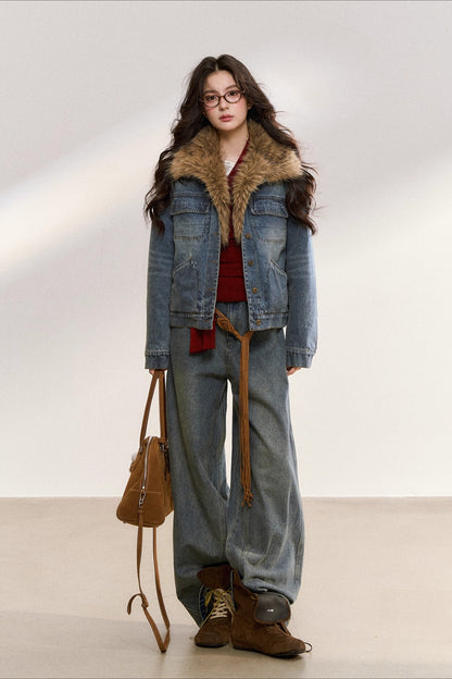 Faux Fur Collar Denim Jacket