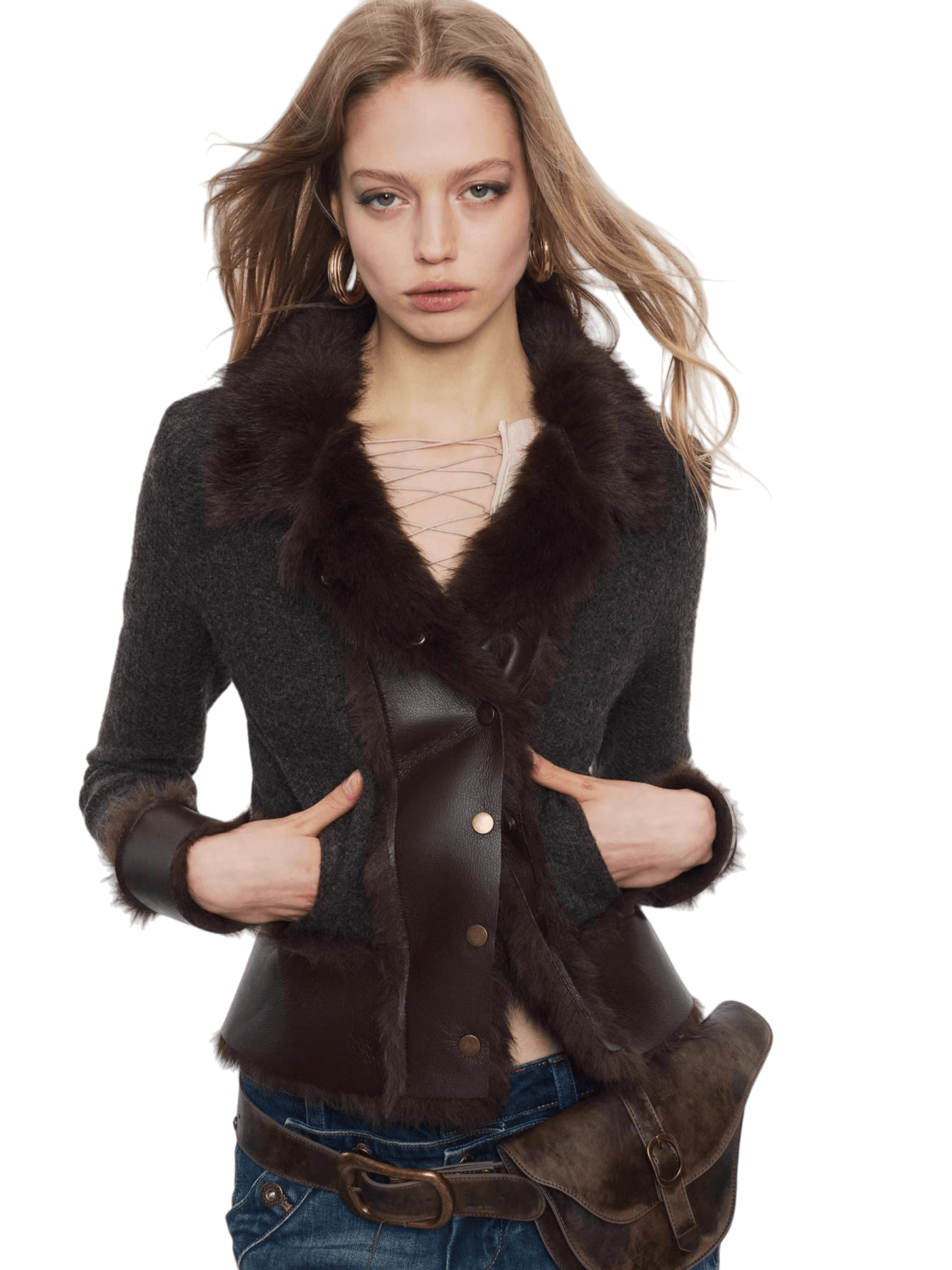 Knit Panel Faux Fur Cardigan Jacket