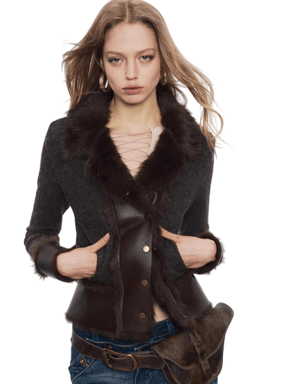 Knit Panel Faux Fur Cardigan Jacket