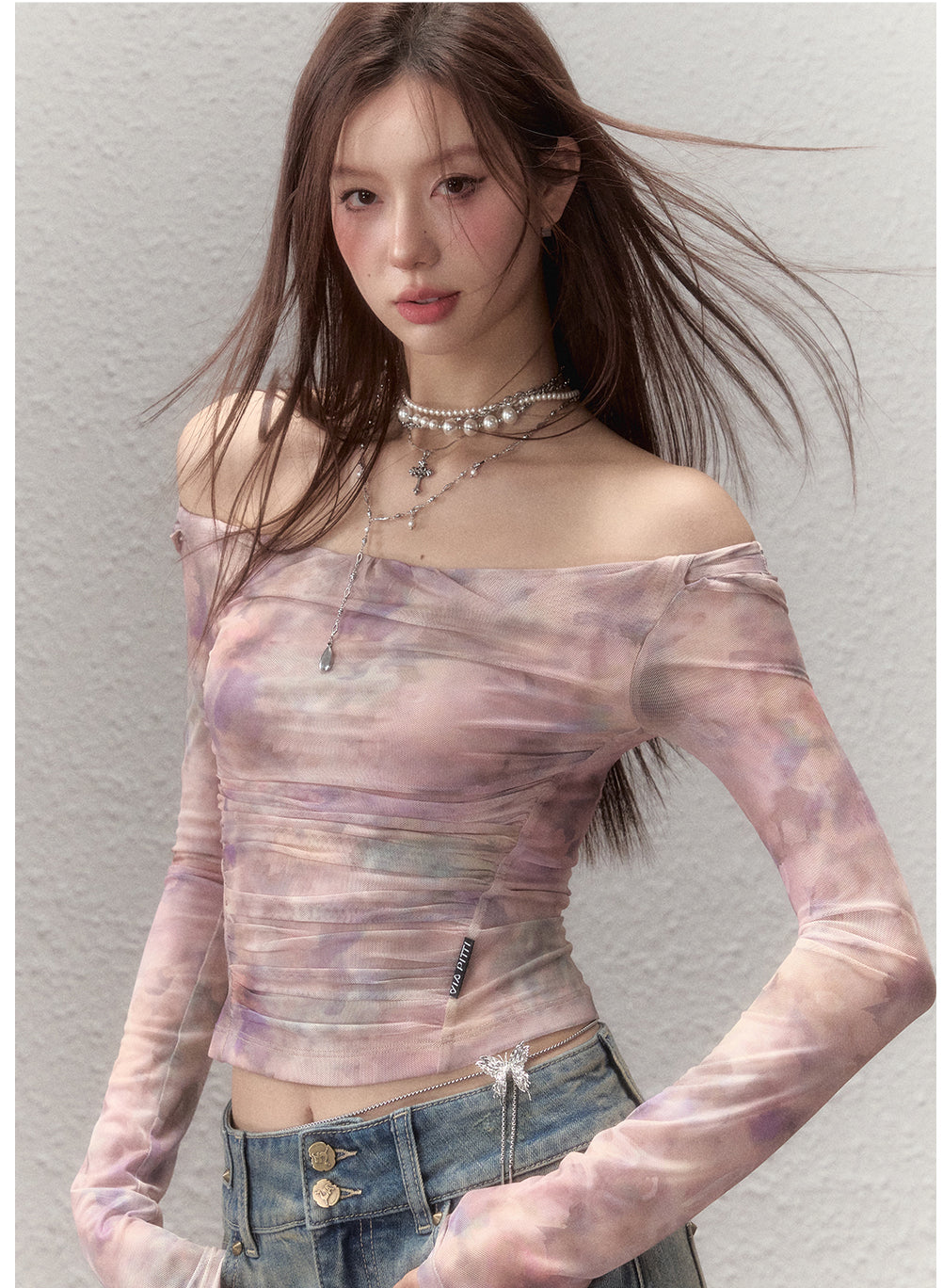 Gradient Off-shoulder Slim Mesh T-shirt - CHINASQUAD