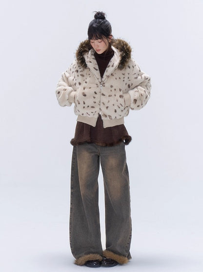 Faux Fur Hooded Zip-Up Cropped Jacket