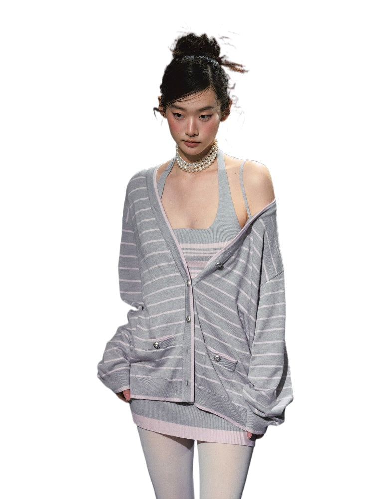 Striped Contrast Cardigan &amp; Tank Dress Set - CHINASQUAD