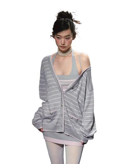 Striped Contrast Cardigan &amp; Tank Dress Set - CHINASQUAD