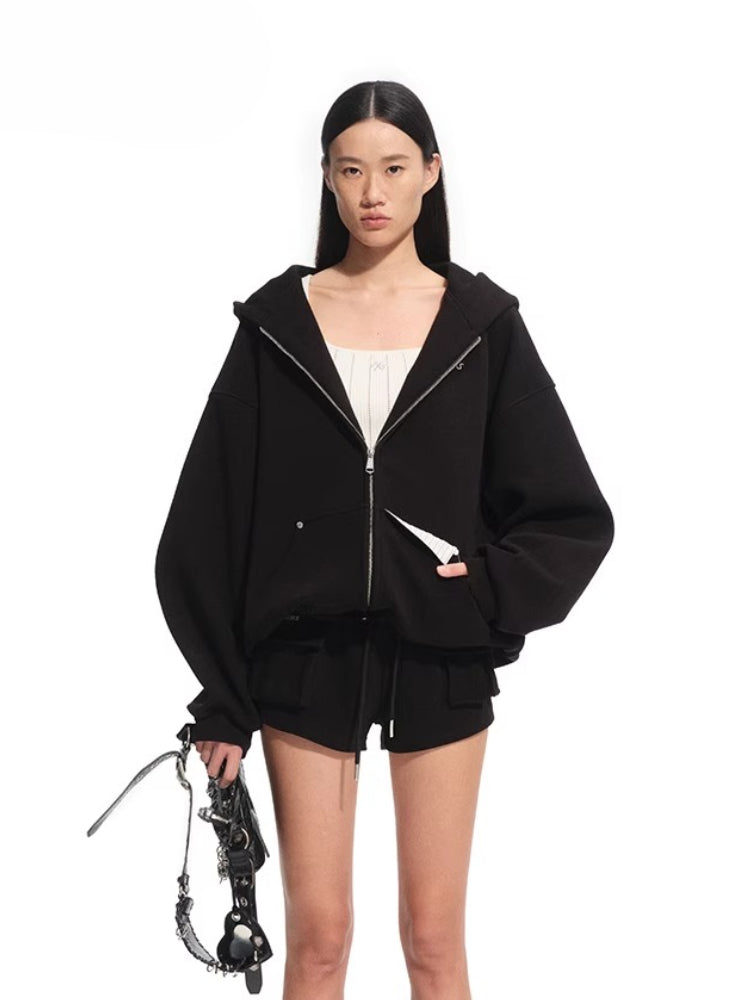Cotton-feel Silhouette Zip-up Hoodie