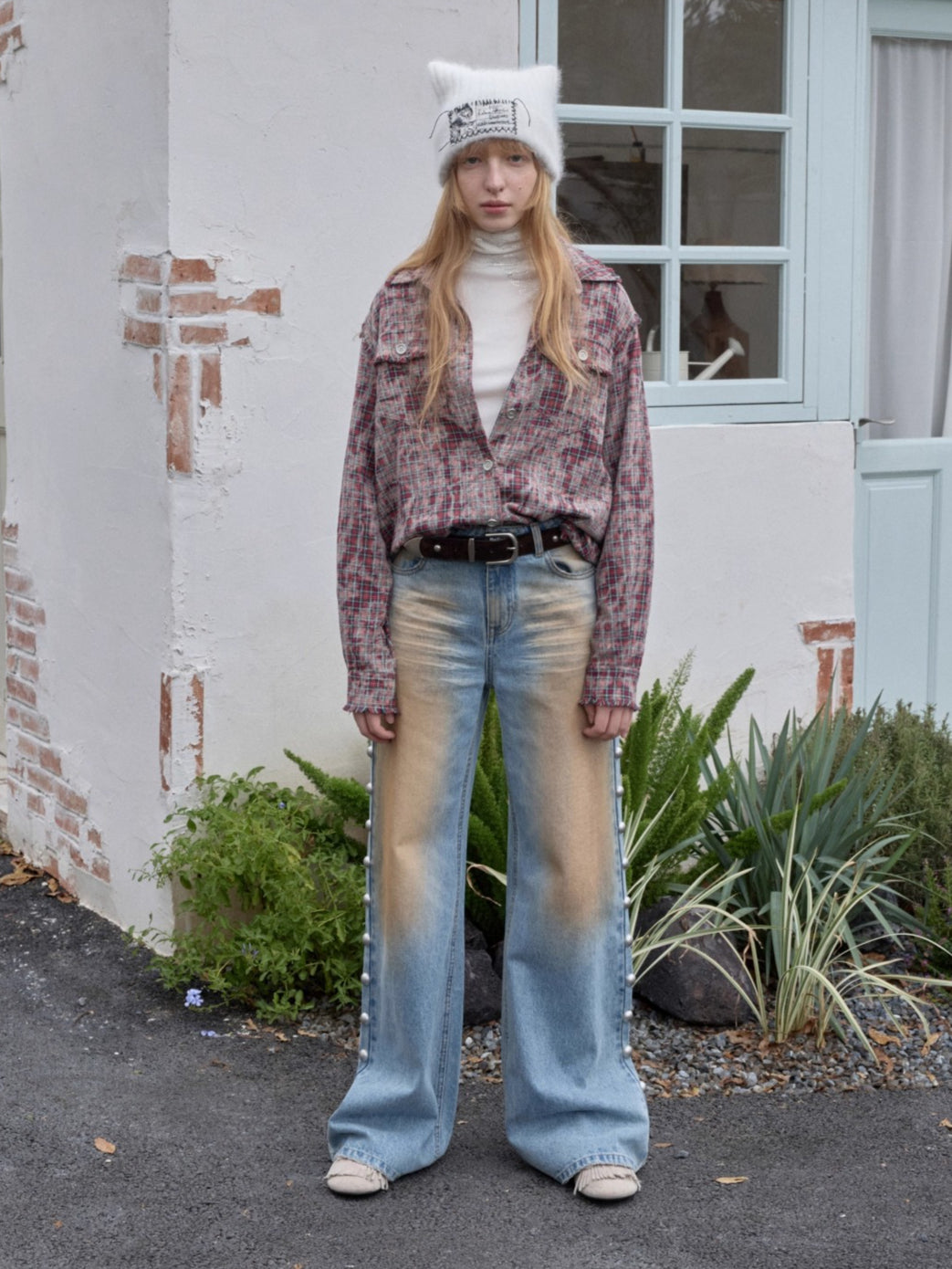 Washed Plaid Frayed-Edge Fitted Shirt