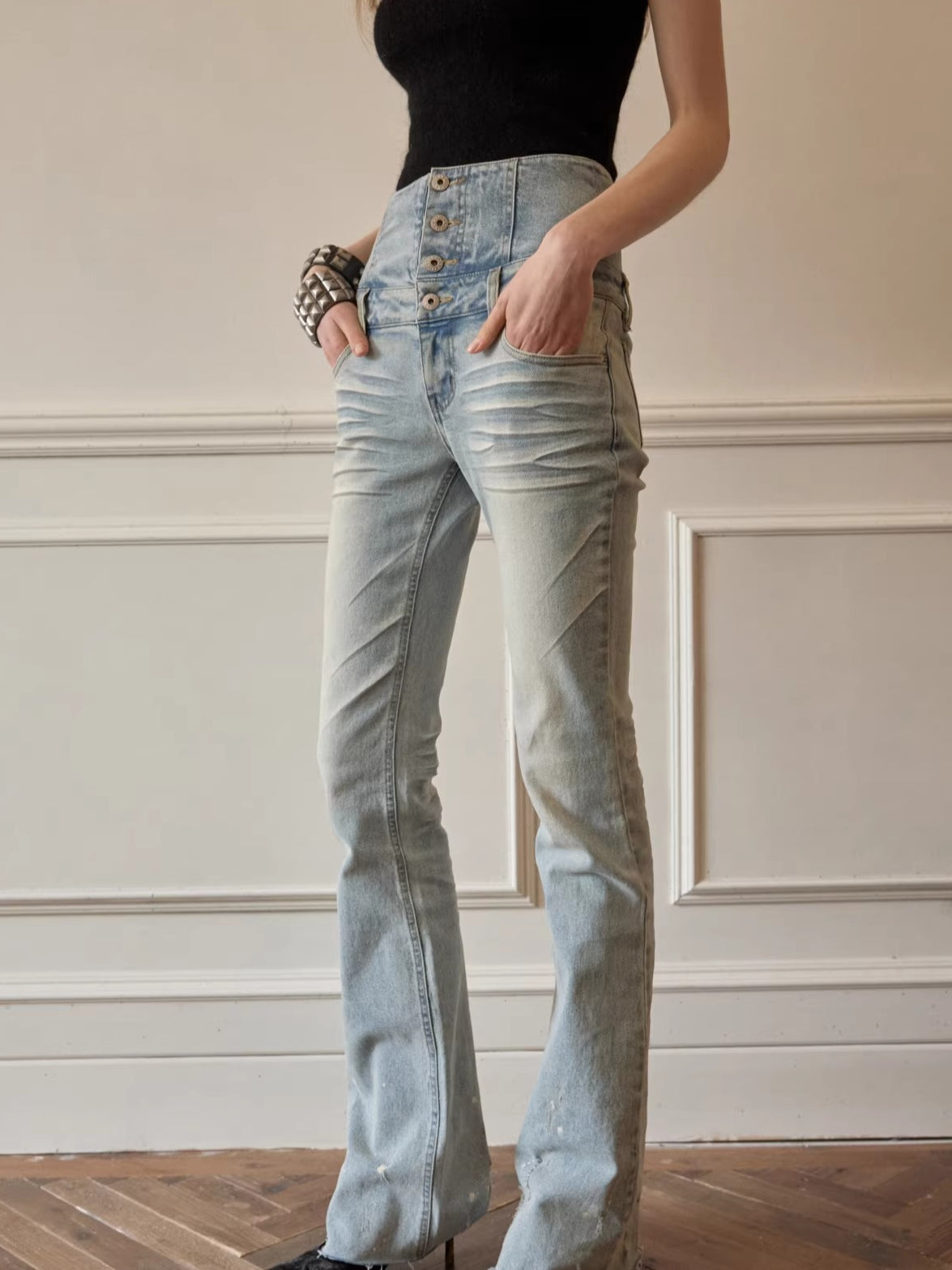 High-Waist Belted Slight-Flare Jeans