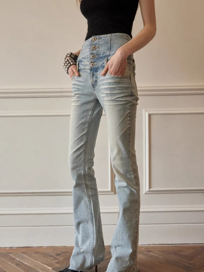 High-Waist Belted Slight-Flare Jeans